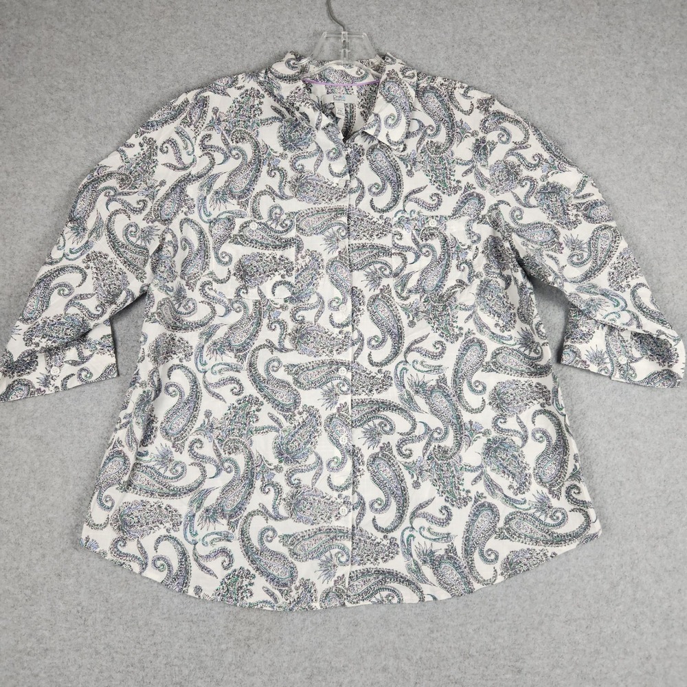 Croft & Barrow Shirt Womens PXL White Paisley 3/4 Sleeve Collared Button Up